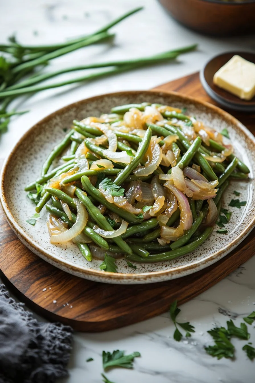 Delicious French Onion Beans served in a bowl, garnished with herbs.