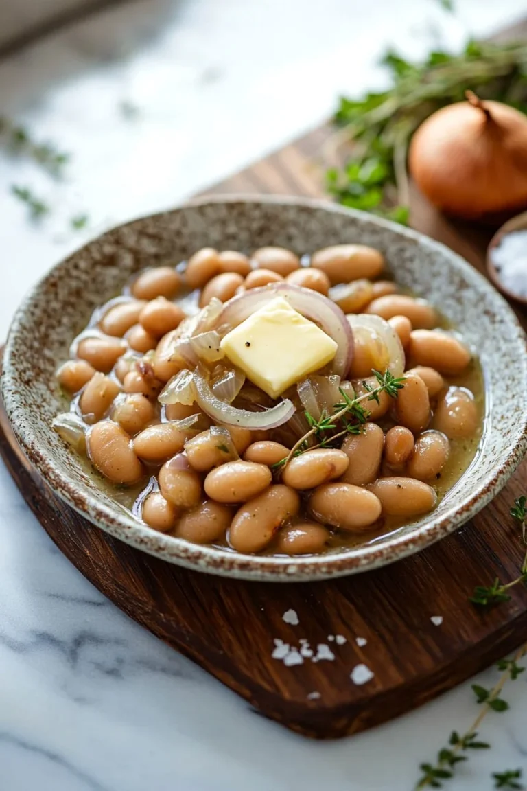 Bowl of French Onion Butter Beans garnished with herbs and cheese