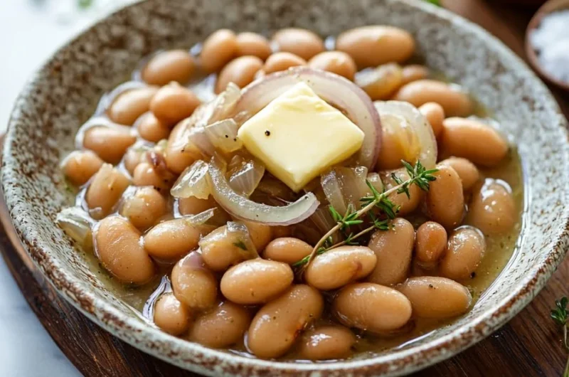Bowl of French Onion Butter Beans garnished with herbs and cheese