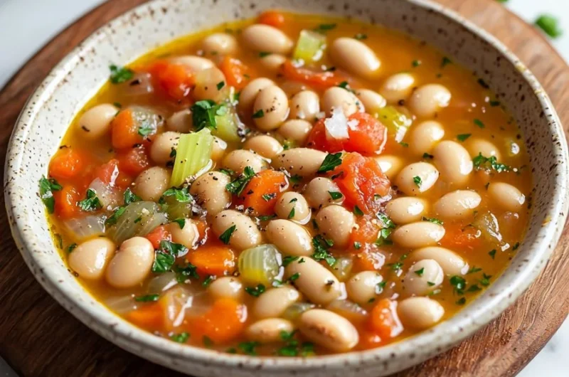 Bowl of Greek Bean Soup (Fasolada) with fresh herbs and vegetables