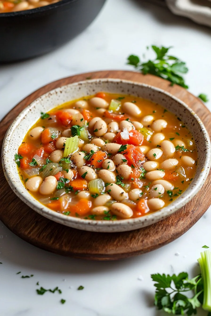 Bowl of Greek Bean Soup (Fasolada) with fresh herbs and vegetables