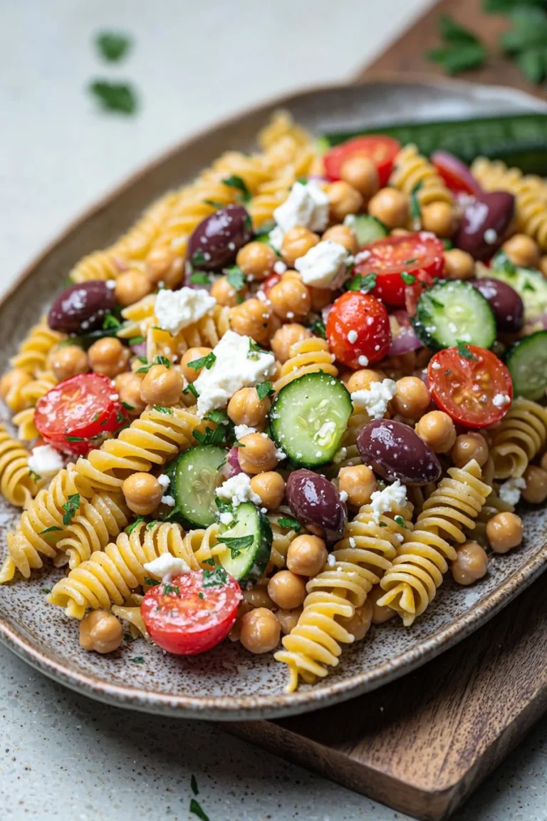Colorful Greek Chickpea Pasta Salad with fresh vegetables and herbs