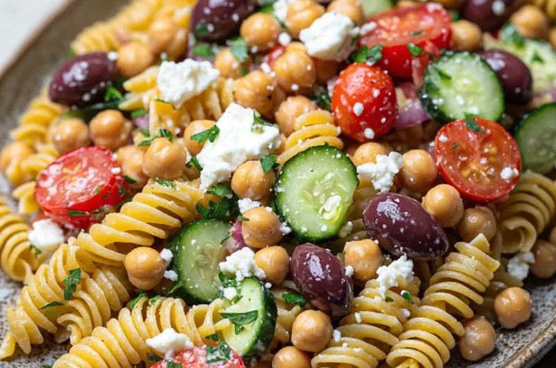 Colorful Greek Chickpea Pasta Salad with fresh vegetables and herbs