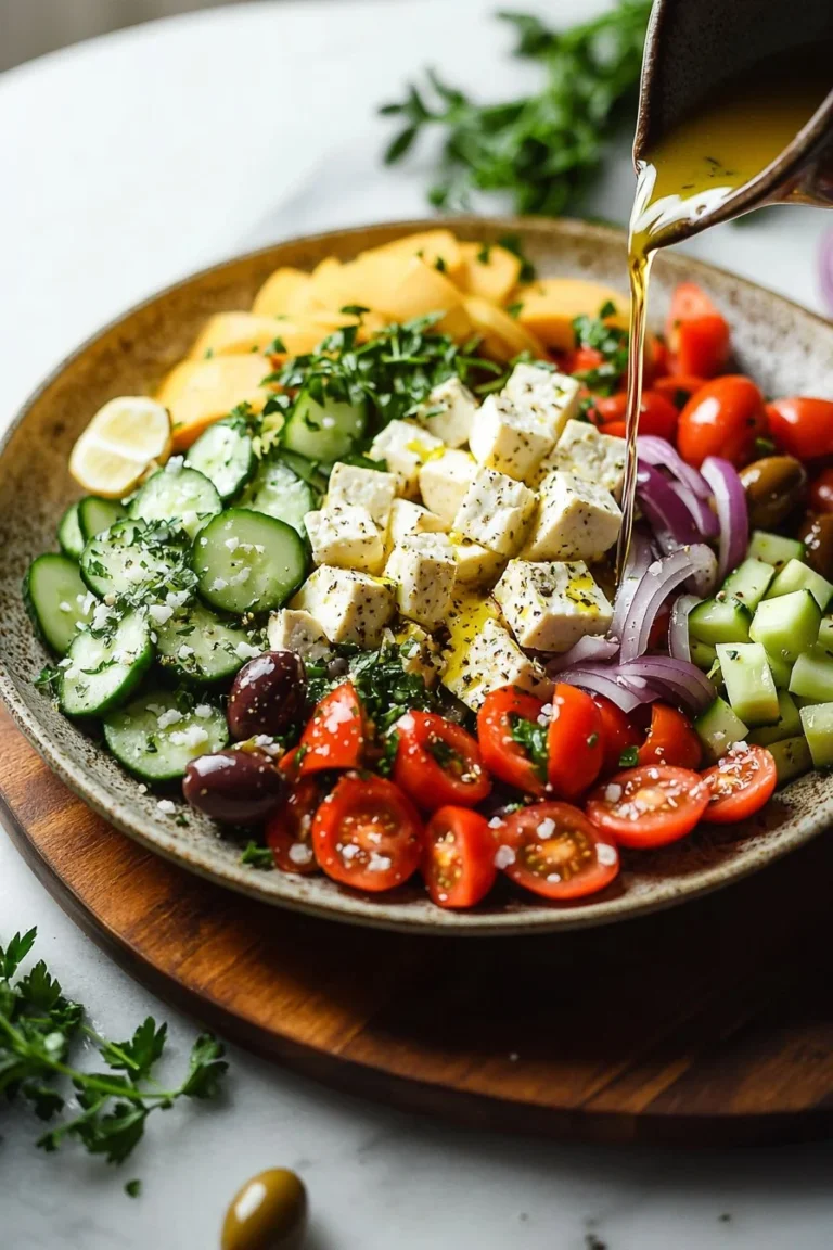 Delicious Greek Tofu Bowl with fresh vegetables and herbs