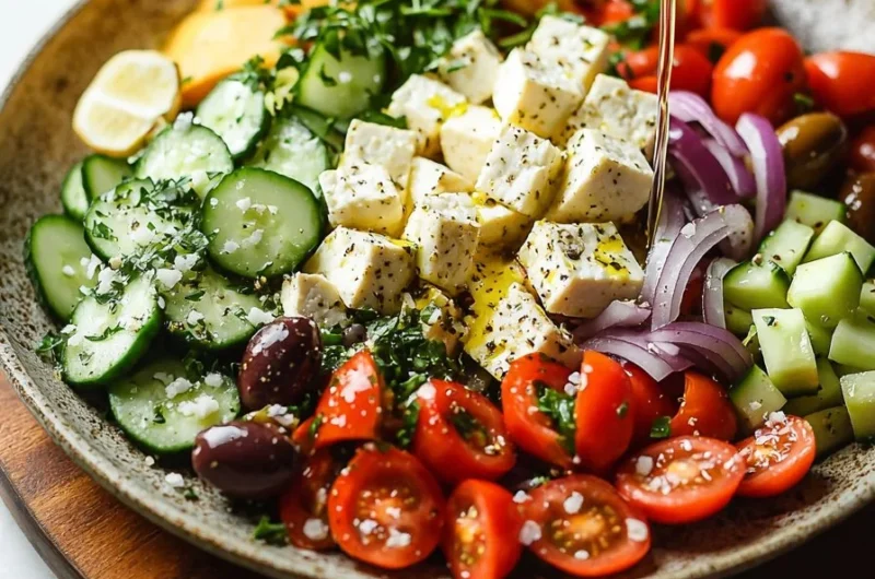Delicious Greek Tofu Bowl with fresh vegetables and herbs