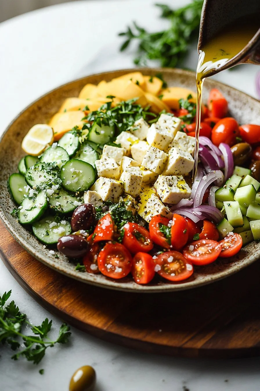 Delicious Greek Tofu Bowl with fresh vegetables and herbs