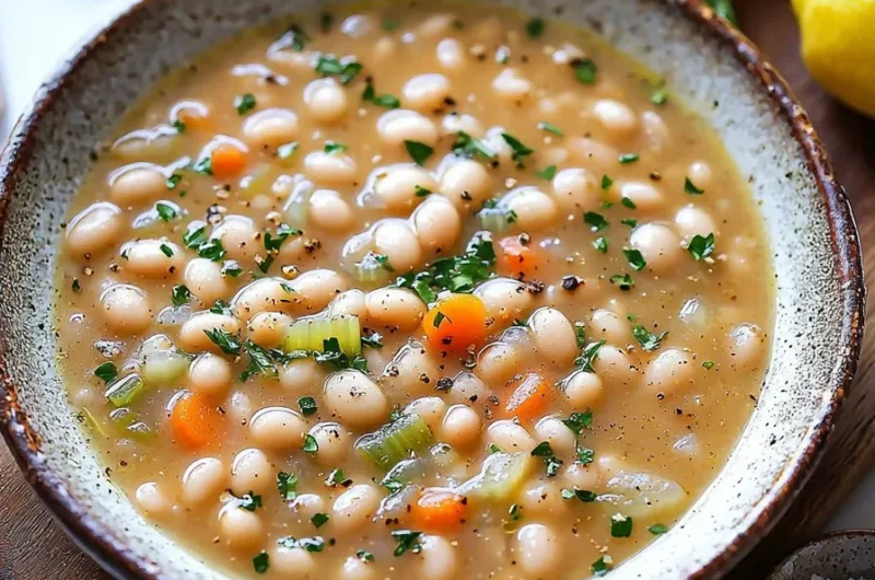 Bowl of delicious Greek White Bean Soup garnished with herbs and spices.