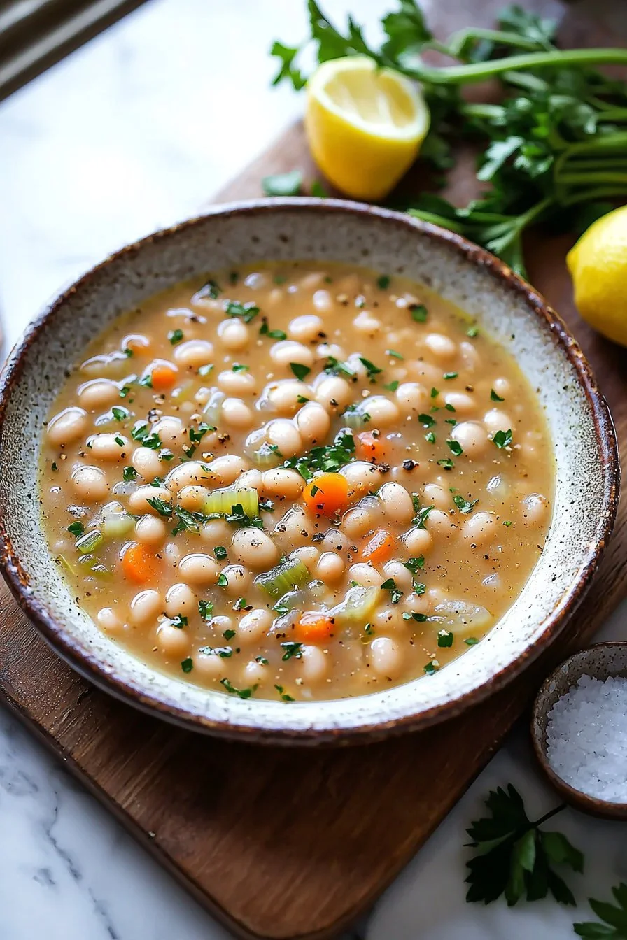 Bowl of delicious Greek White Bean Soup garnished with herbs and spices.