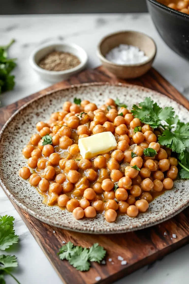 Delicious Indian Butter Chickpeas served with rice and naan.