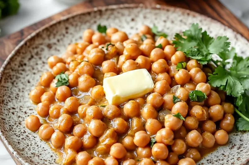 Delicious Indian Butter Chickpeas served with rice and naan.