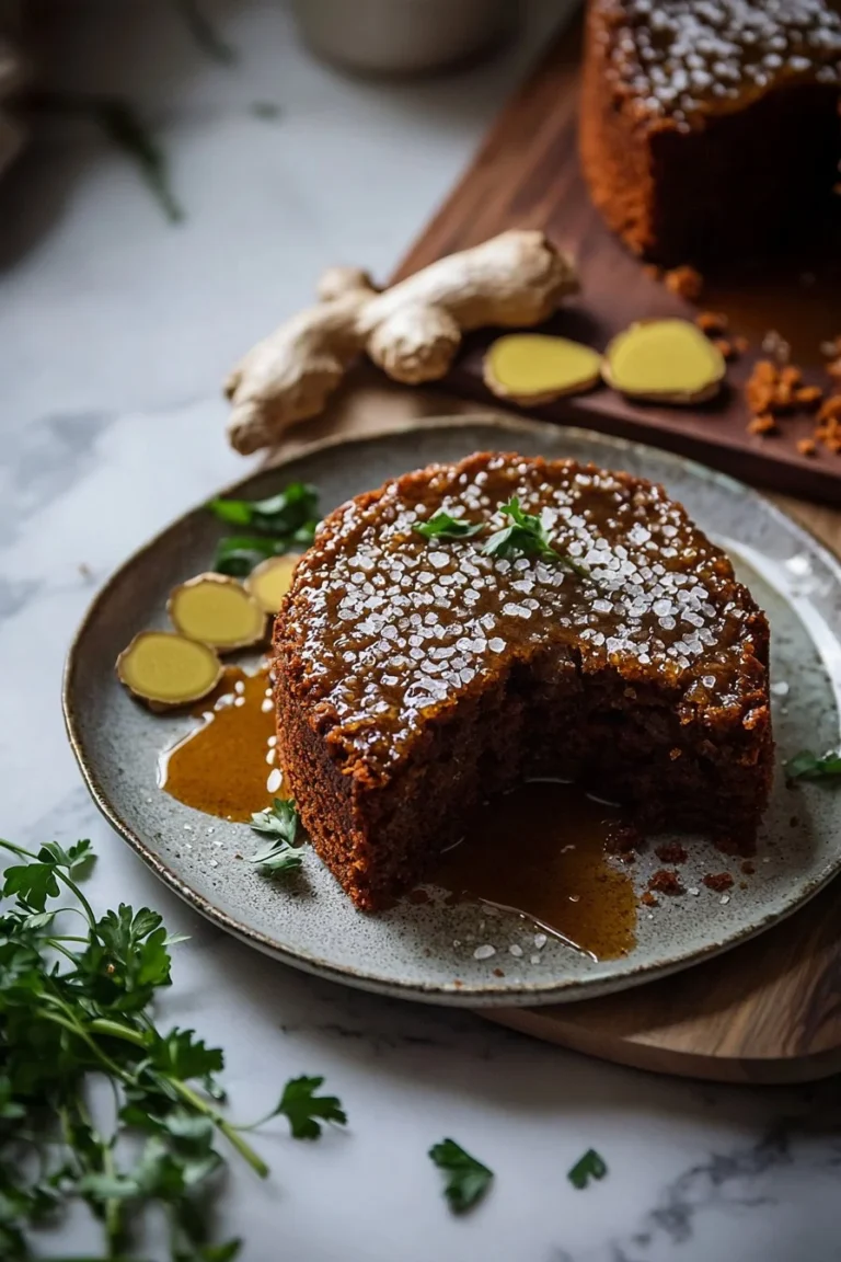 Jamaican Sticky Ginger Cake served on a plate, garnished with fresh ginger and spices.