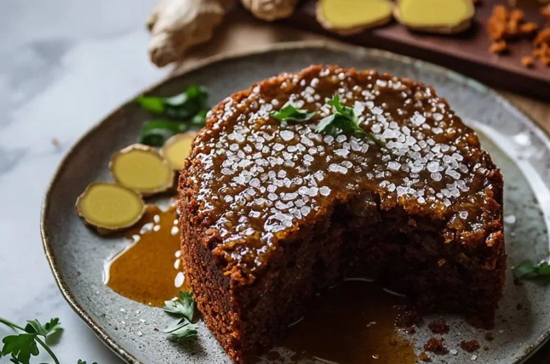 Jamaican Sticky Ginger Cake served on a plate, garnished with fresh ginger and spices.