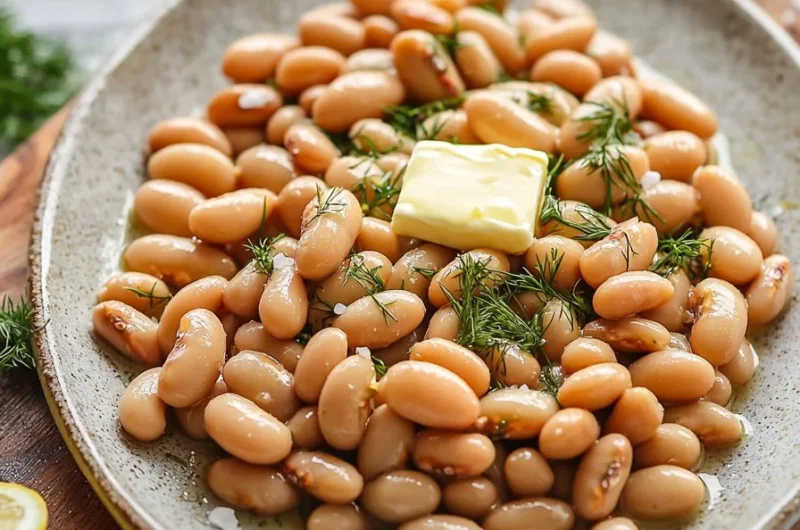 Lemon & Dill Butter Beans dish served in a bowl, garnished with fresh herbs.