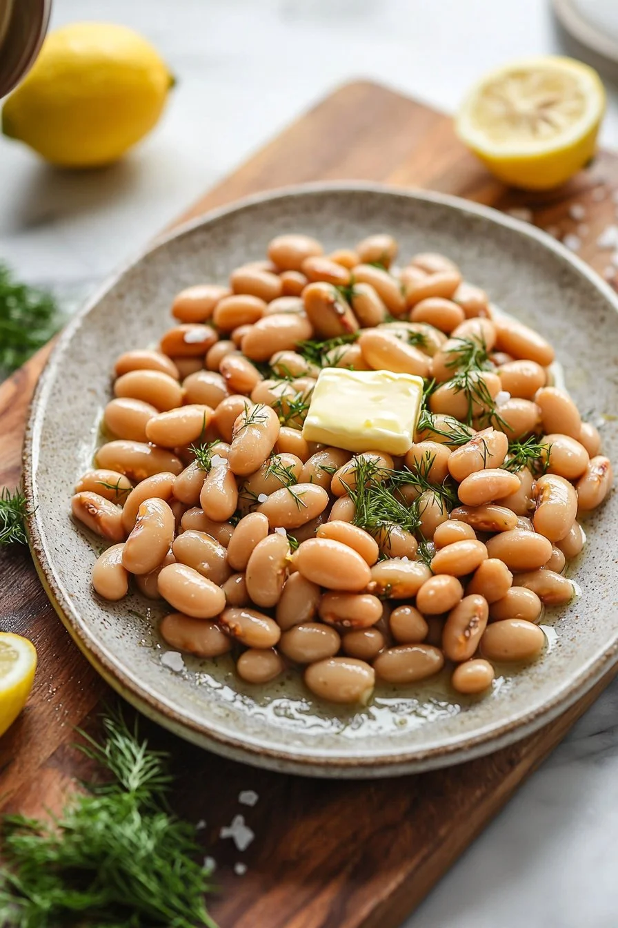 Lemon & Dill Butter Beans dish served in a bowl, garnished with fresh herbs.