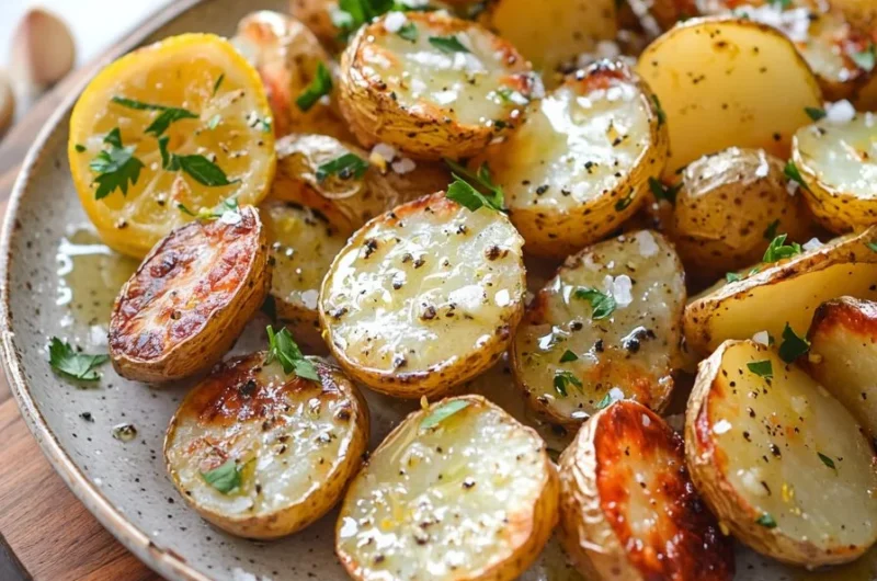 Lemon Garlic Roasted Potatoes served on a plate