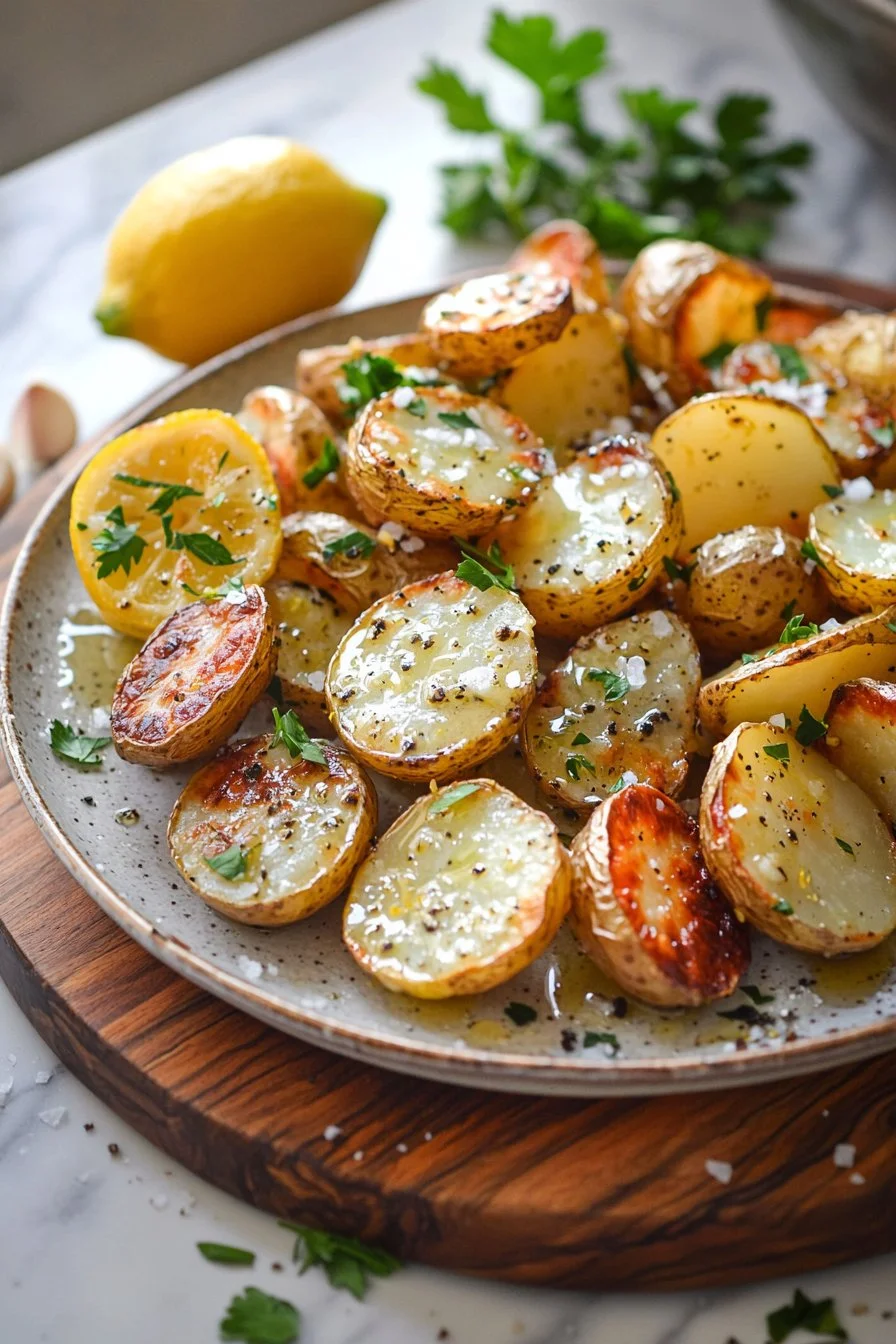 Lemon Garlic Roasted Potatoes served on a plate