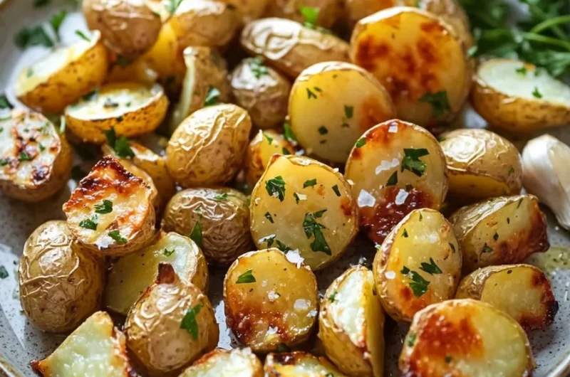 Delicious Lemon Garlic Roasted Potatoes garnished with herbs