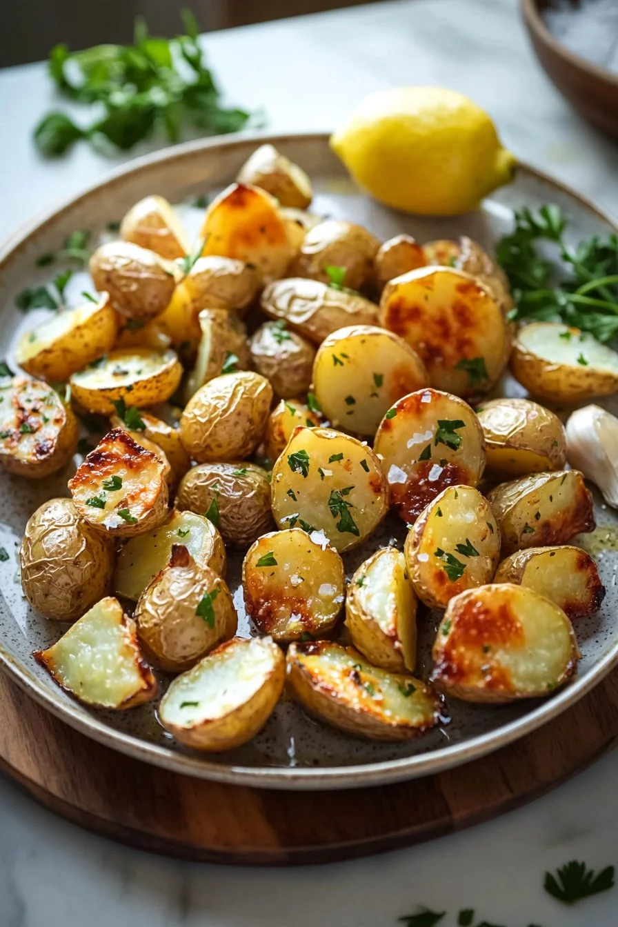 Delicious Lemon Garlic Roasted Potatoes garnished with herbs