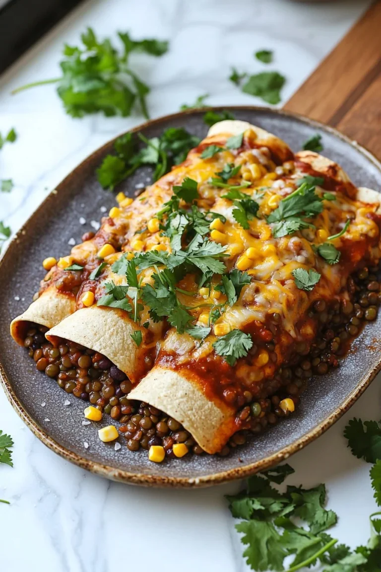 Plate of lentil enchiladas topped with fresh ingredients and served warm.