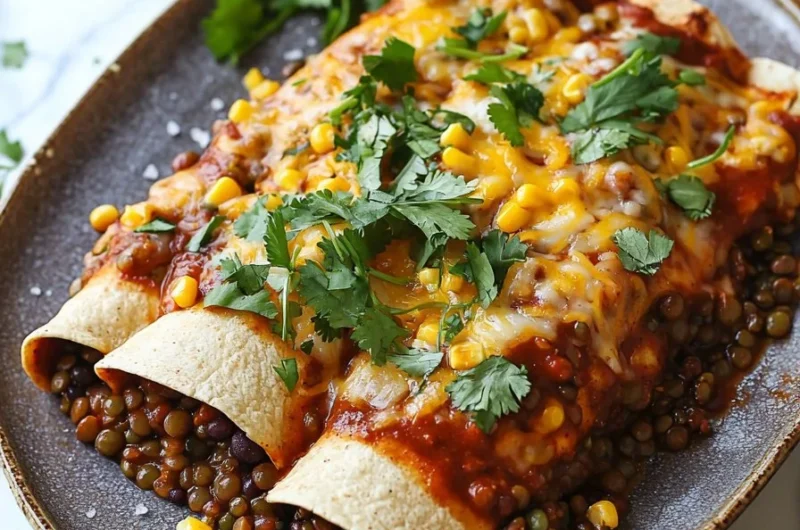 Plate of lentil enchiladas topped with fresh ingredients and served warm.