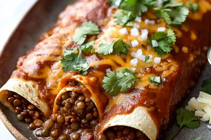 Plate of lentil enchiladas topped with sauce and fresh cilantro