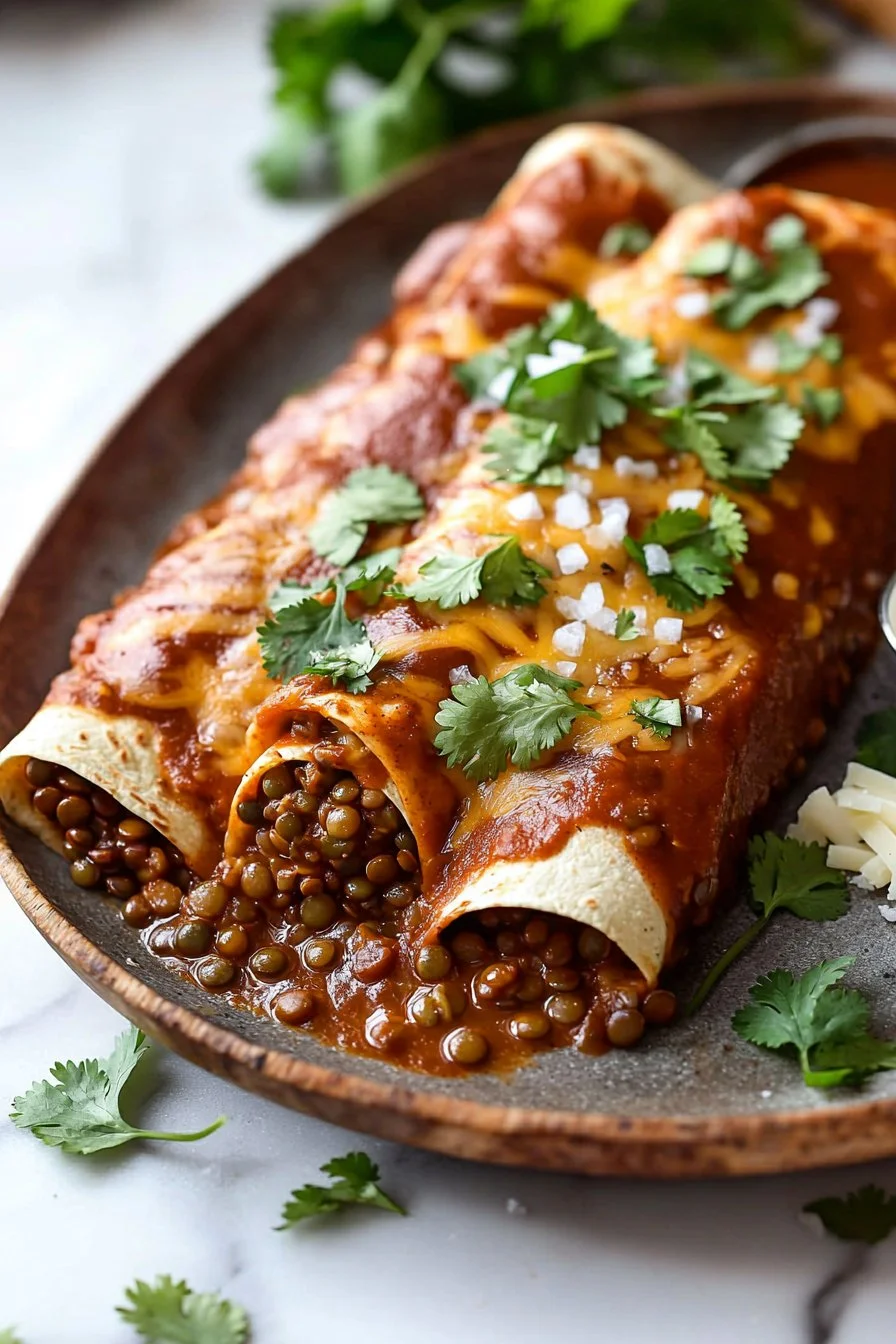 Plate of lentil enchiladas topped with sauce and fresh cilantro