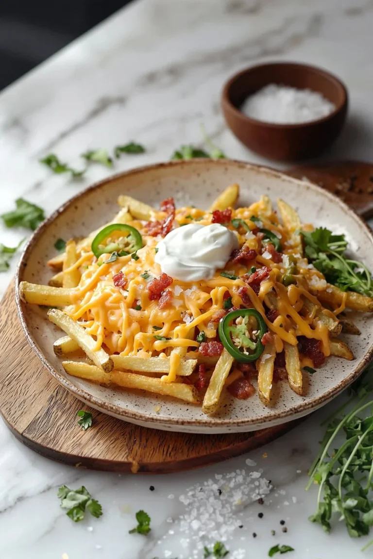 Plate of delicious loaded fries topped with cheese and various toppings