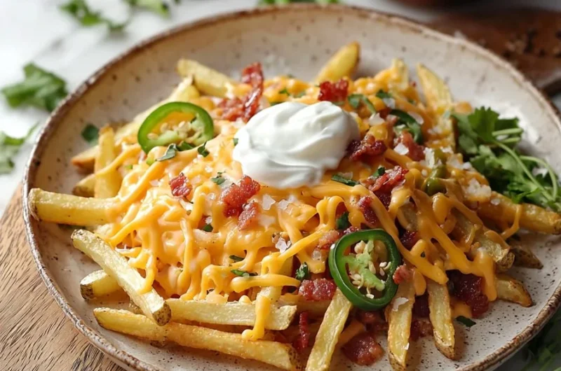 Plate of delicious loaded fries topped with cheese and various toppings