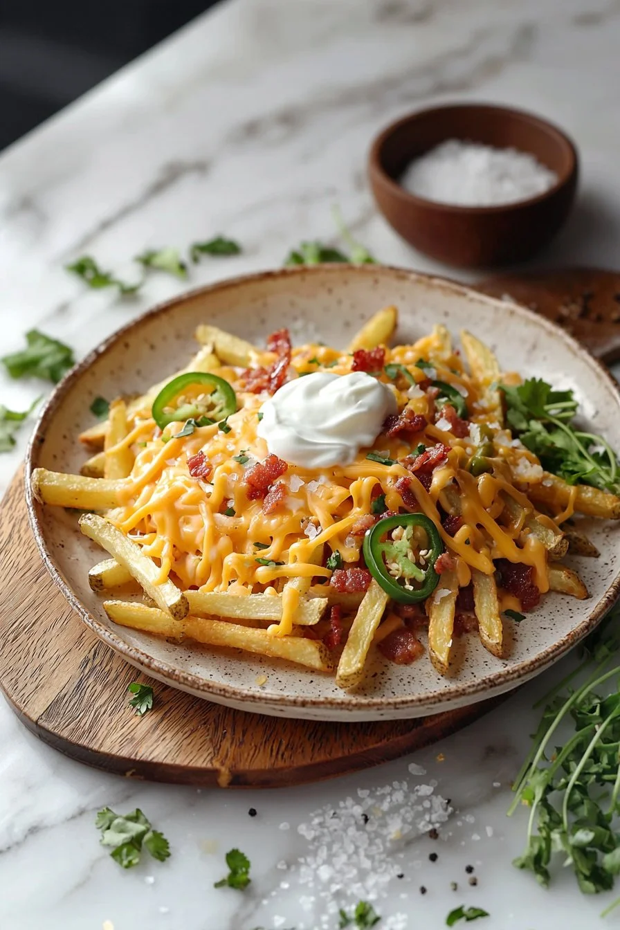 Plate of delicious loaded fries topped with cheese and various toppings