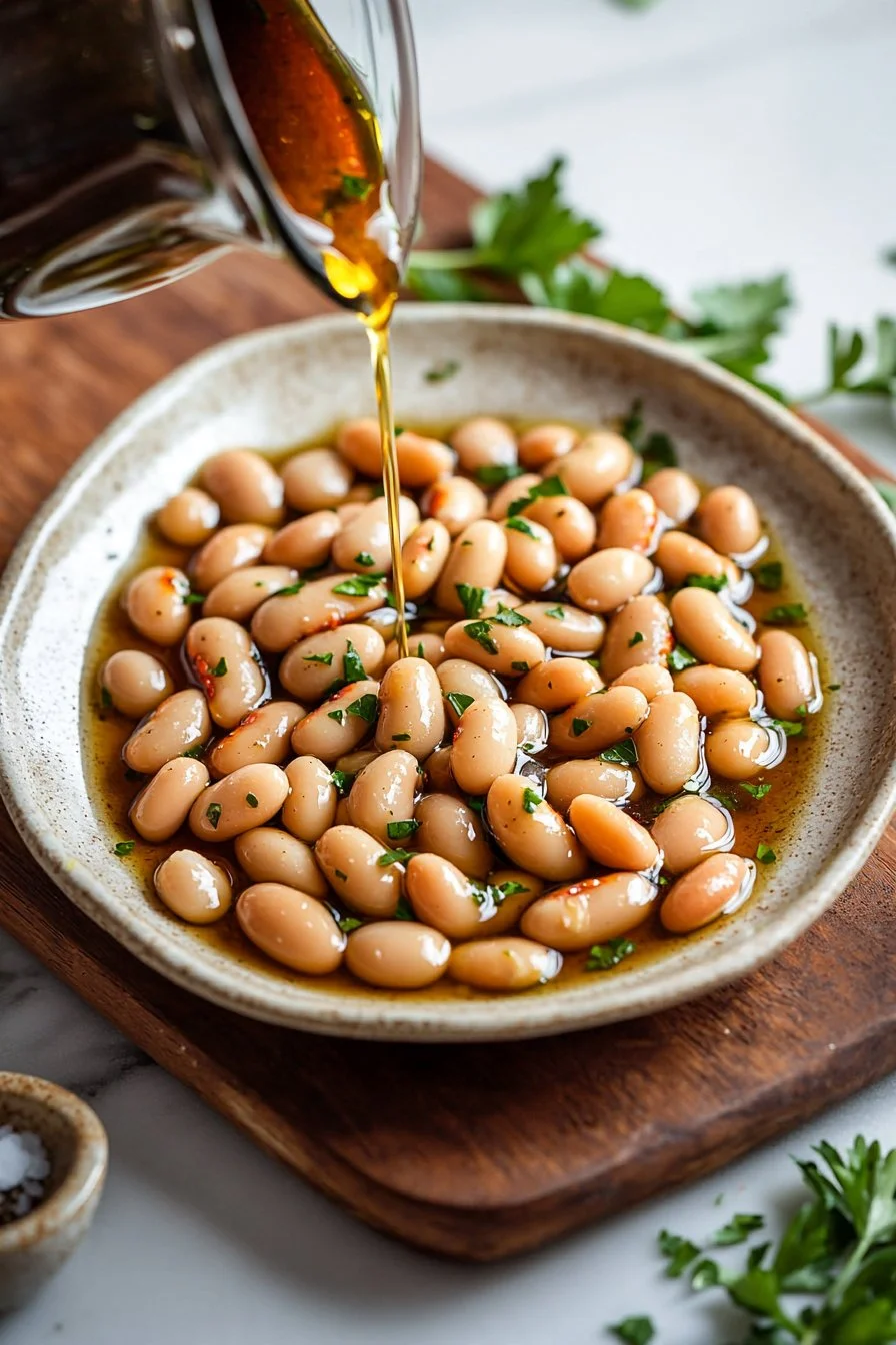 Bowl of marinated white beans with herbs and spices