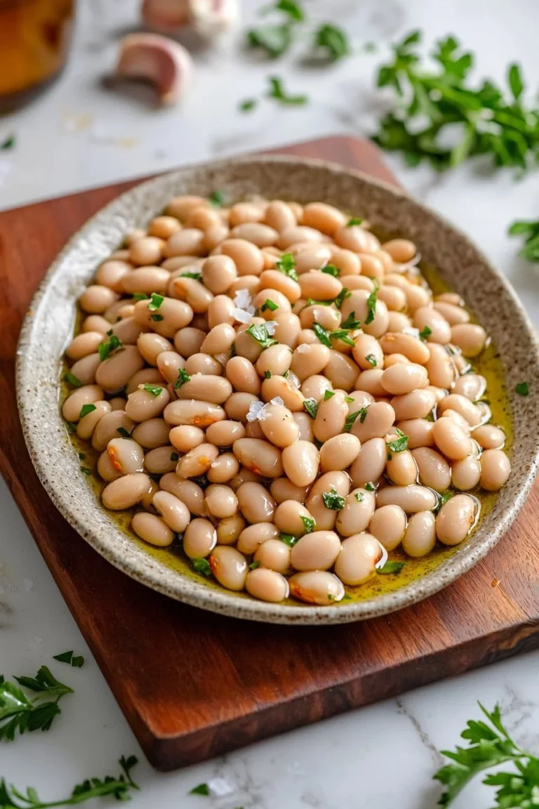 Bowl of marinated white beans with herbs and spices