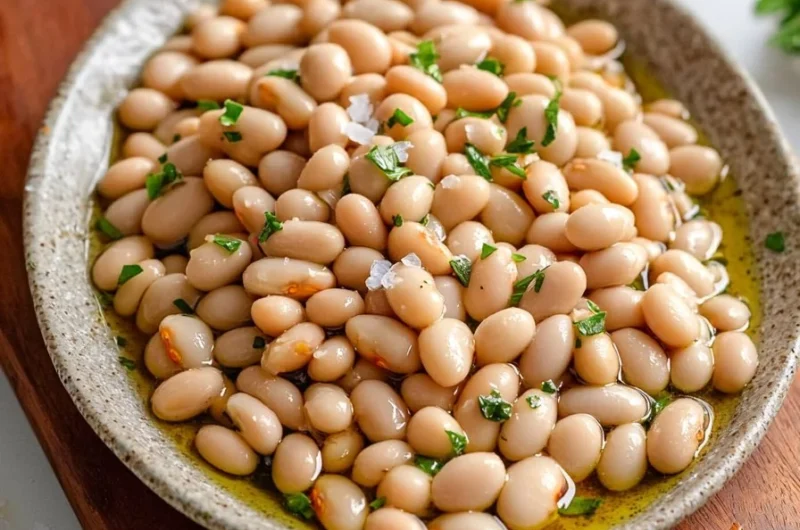 Bowl of marinated white beans with herbs and spices