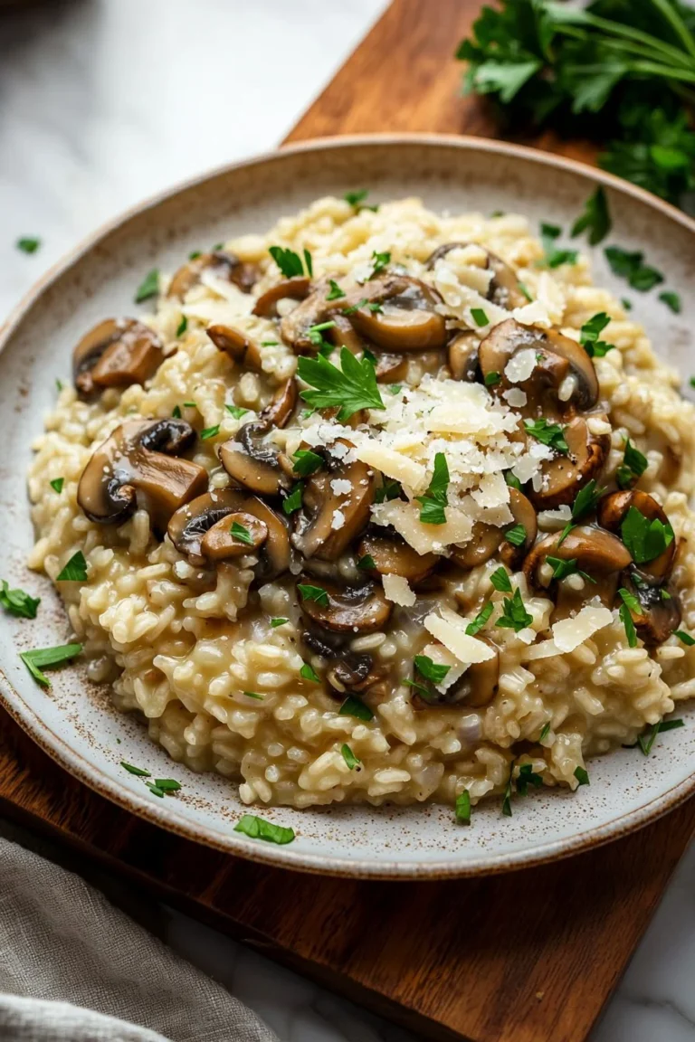 Delicious creamy Mushroom Risotto garnished with fresh herbs and mushrooms