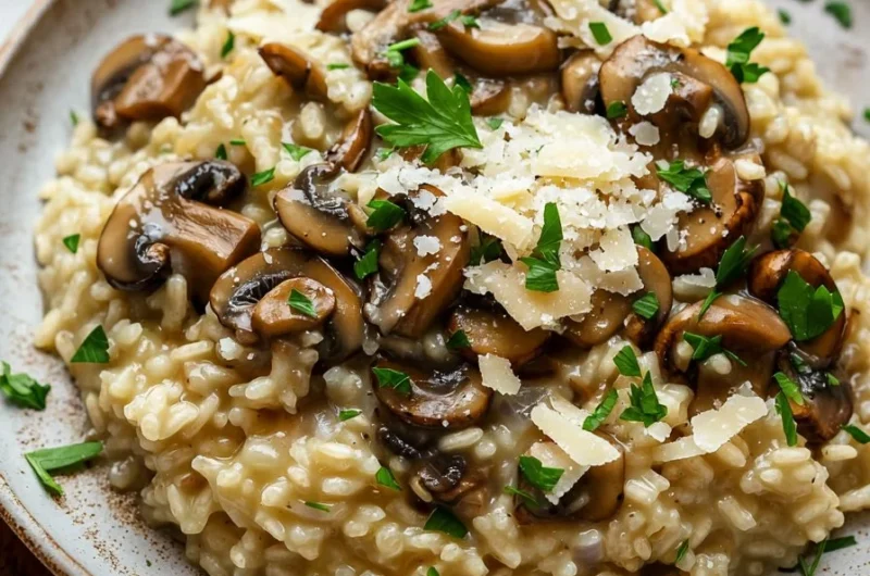 Delicious creamy Mushroom Risotto garnished with fresh herbs and mushrooms