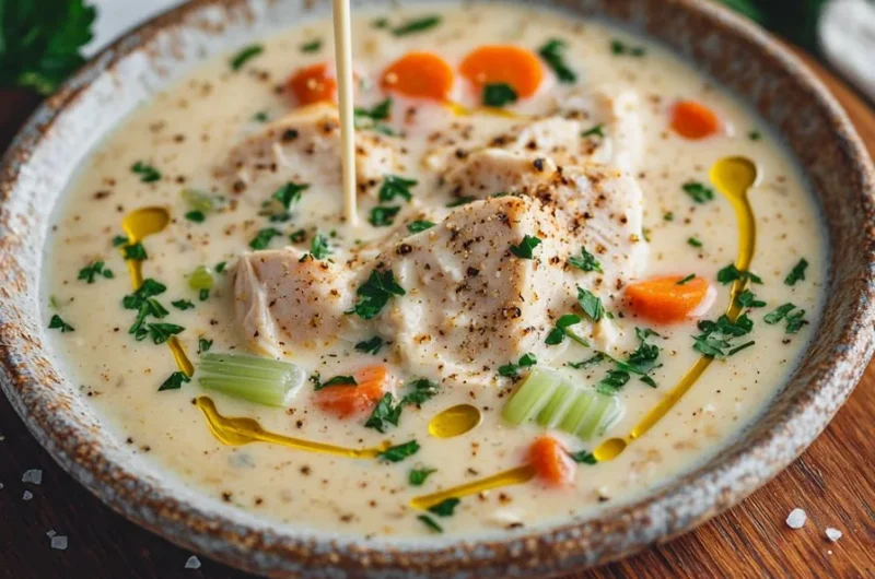 Bowl of rich creamy Marry Me Chicken Soup garnished with herbs
