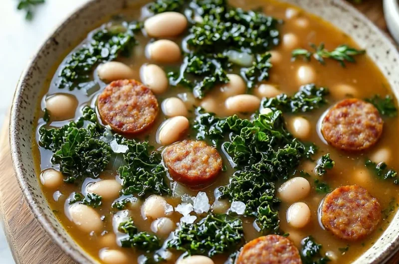 Bowl of Sausage, White Bean & Kale Soup garnished with fresh herbs