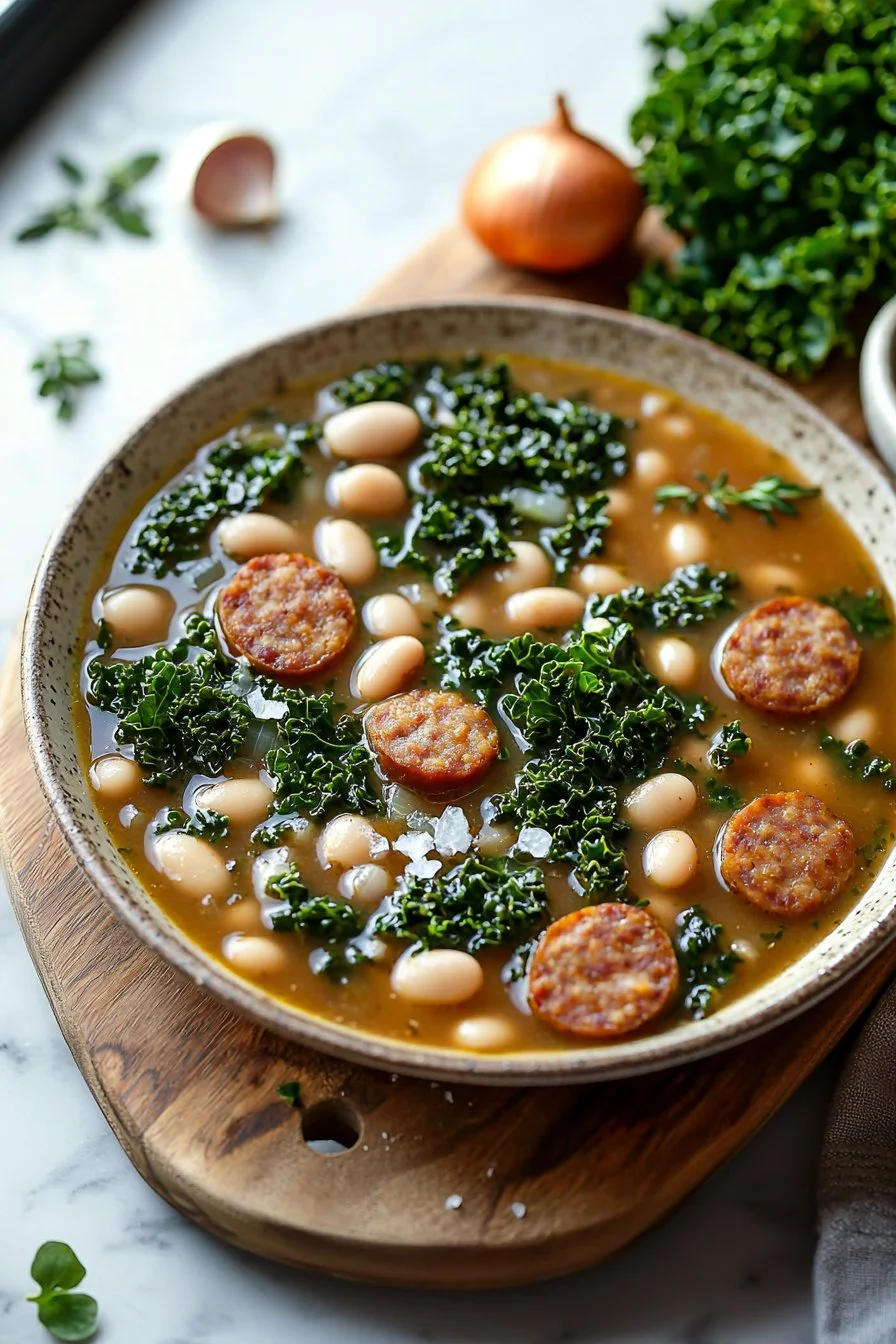 Bowl of Sausage, White Bean & Kale Soup garnished with fresh herbs