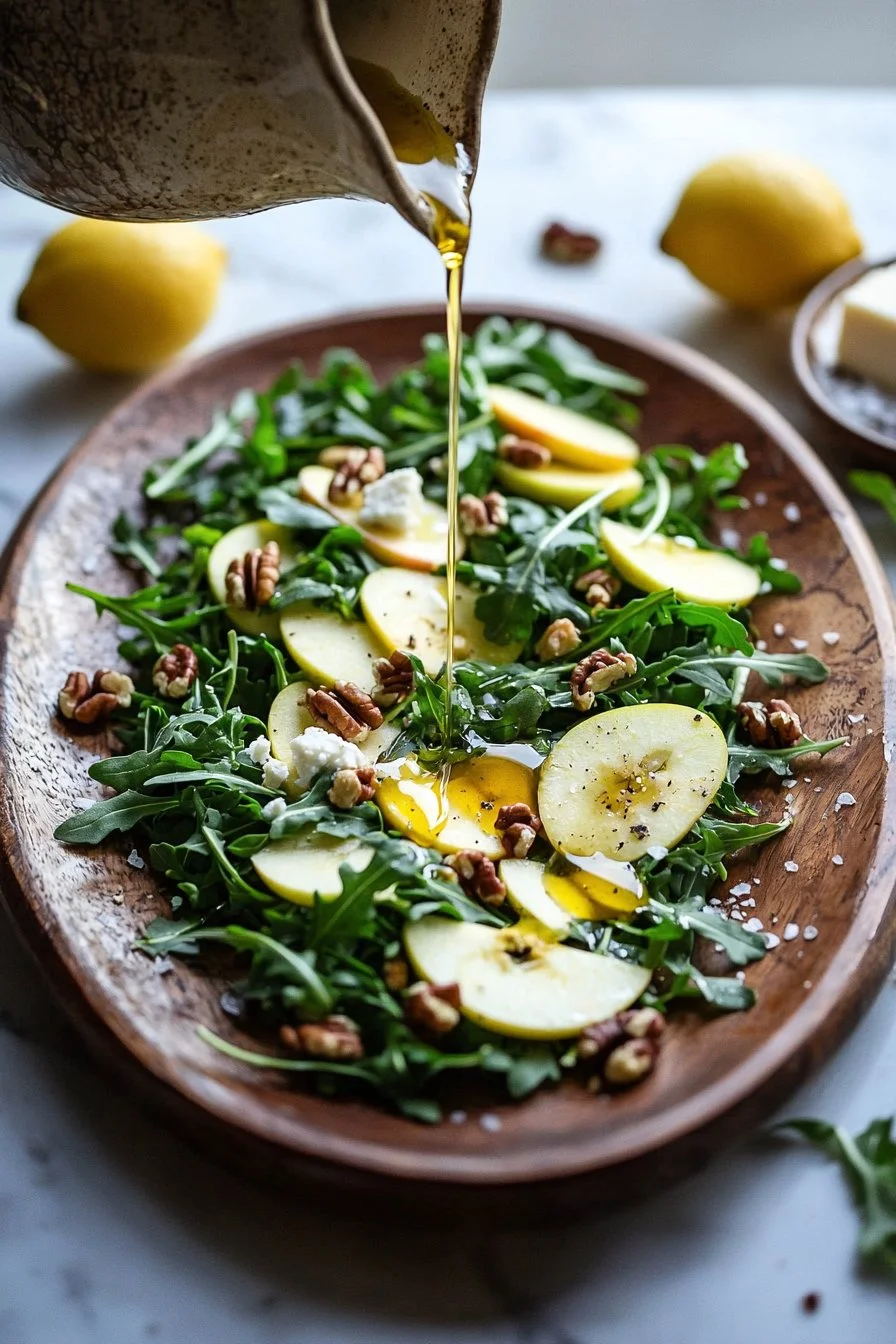 Fresh apple arugula salad with vibrant ingredients on a wooden table