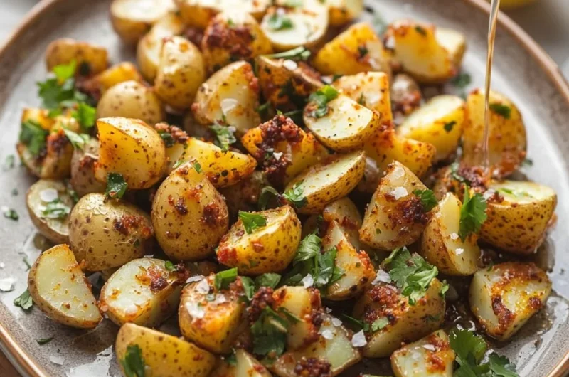 Plate of spicy Lebanese potatoes garnished with herbs