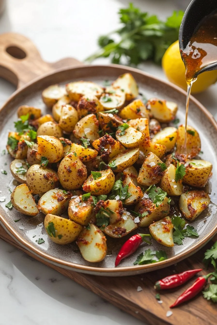 Plate of spicy Lebanese potatoes garnished with herbs