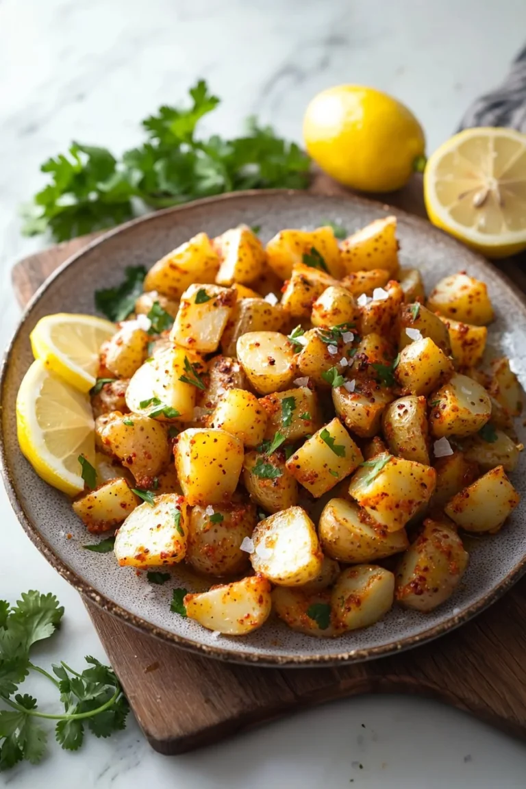 Plate of Spicy Lebanese Potatoes garnished with herbs