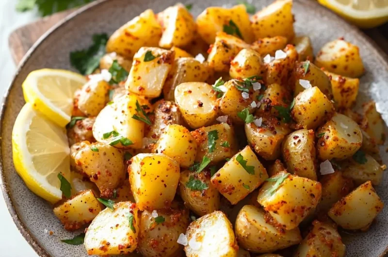 Plate of Spicy Lebanese Potatoes garnished with herbs