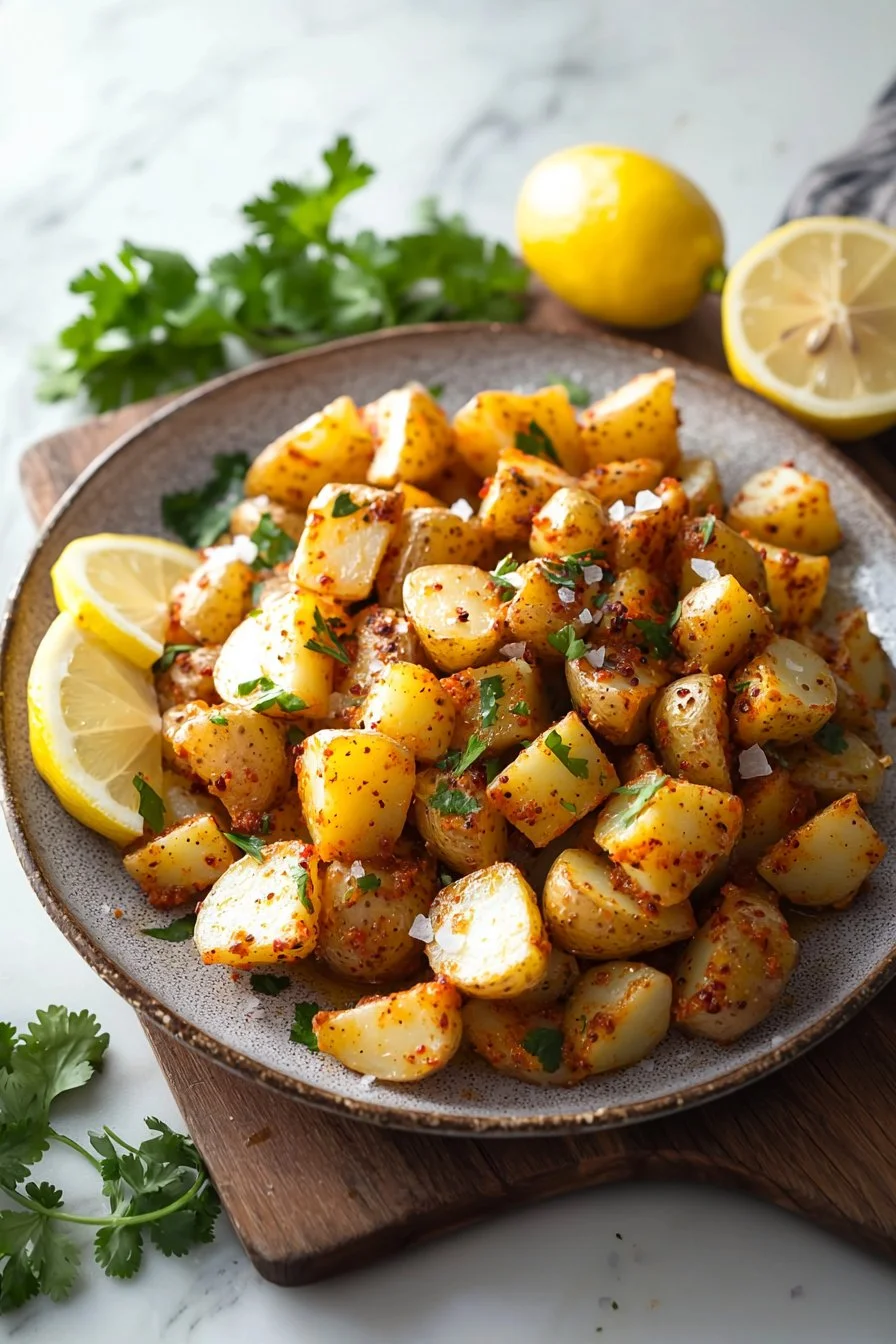 Plate of Spicy Lebanese Potatoes garnished with herbs