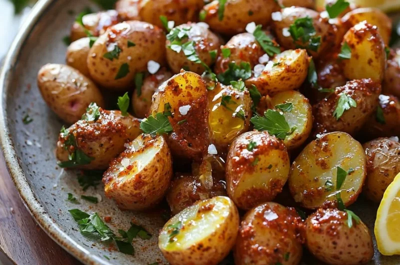 A plate of spicy Lebanese potatoes garnished with herbs and spices.