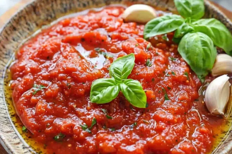 Spicy marinara sauce in a bowl with fresh herbs and spices