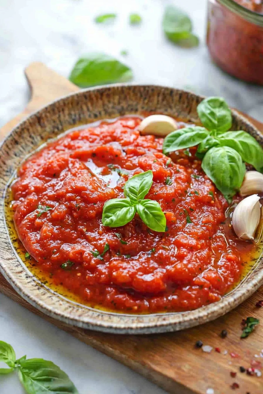 Spicy marinara sauce in a bowl with fresh herbs and spices
