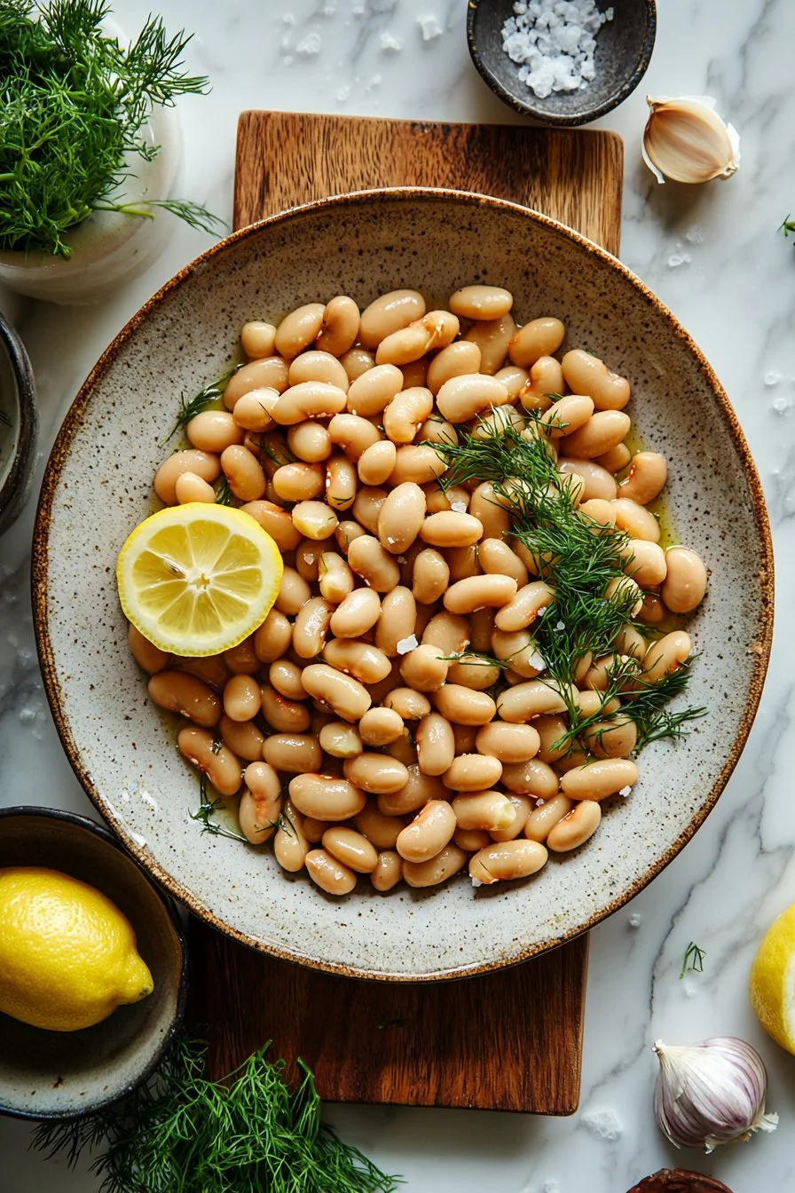 Spring Lemon Dill Butter Beans cooked in a vibrant dish, showcasing fresh flavors.
