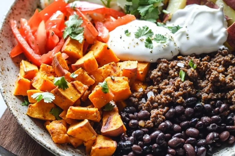 Sweet potato burger bowl with ground beef served in a vibrant dish