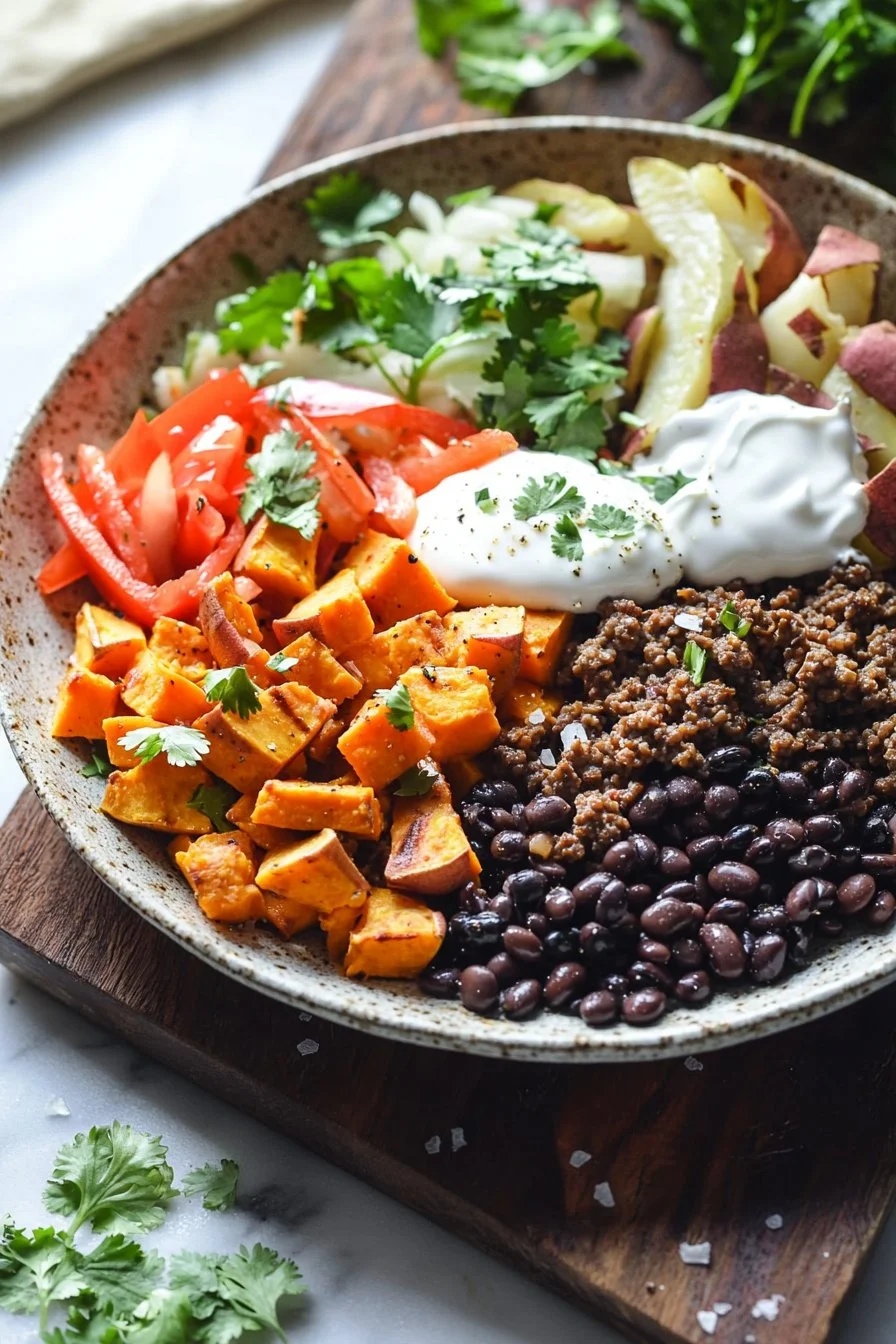 Sweet potato burger bowl with ground beef served in a vibrant dish