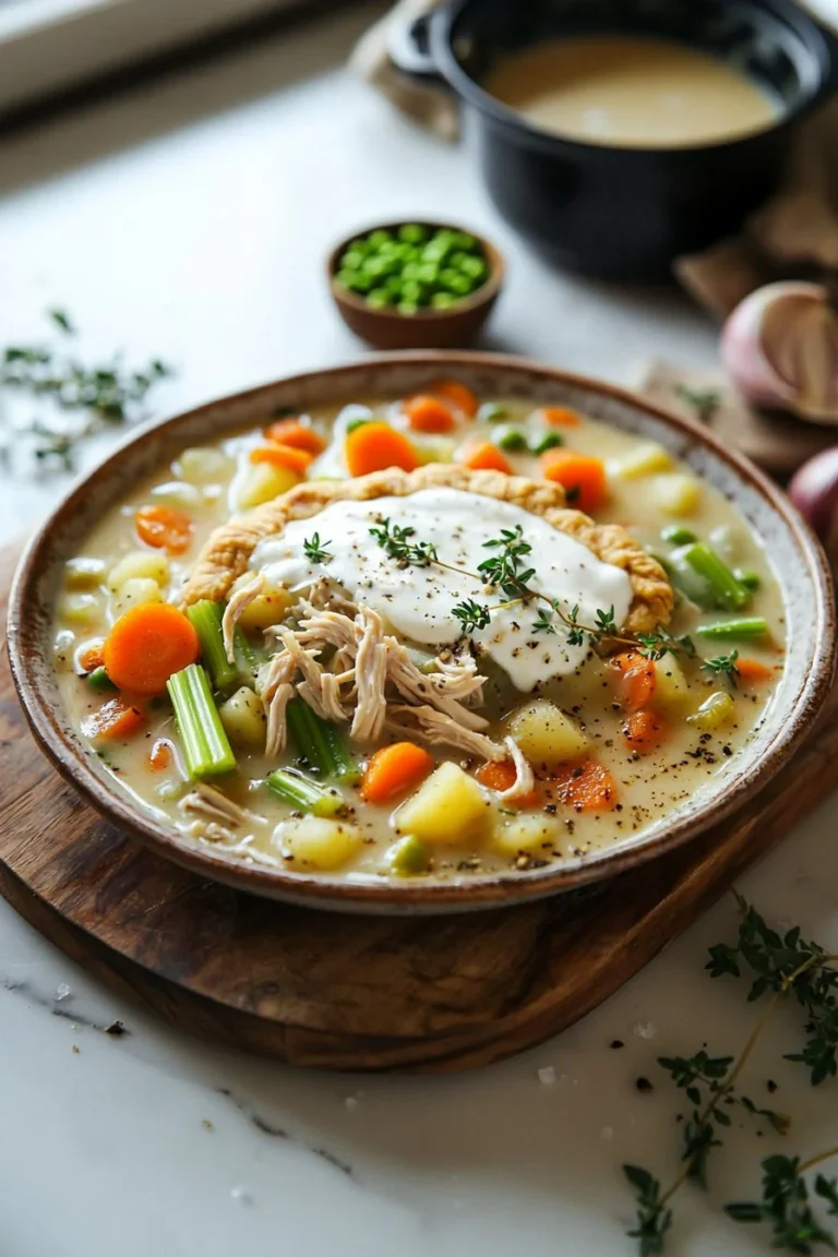 Delicious bowl of Chicken Pot Pie Soup with veggies and herbs
